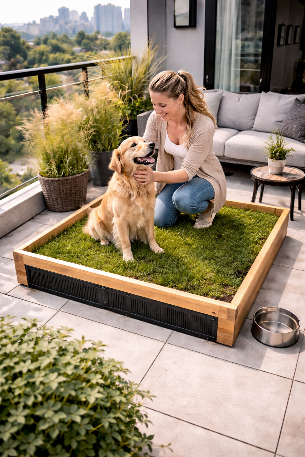 Woman petting a Golden Retriever on a grass-like surface in a modern outdoor setting enjoying the PAWPARK